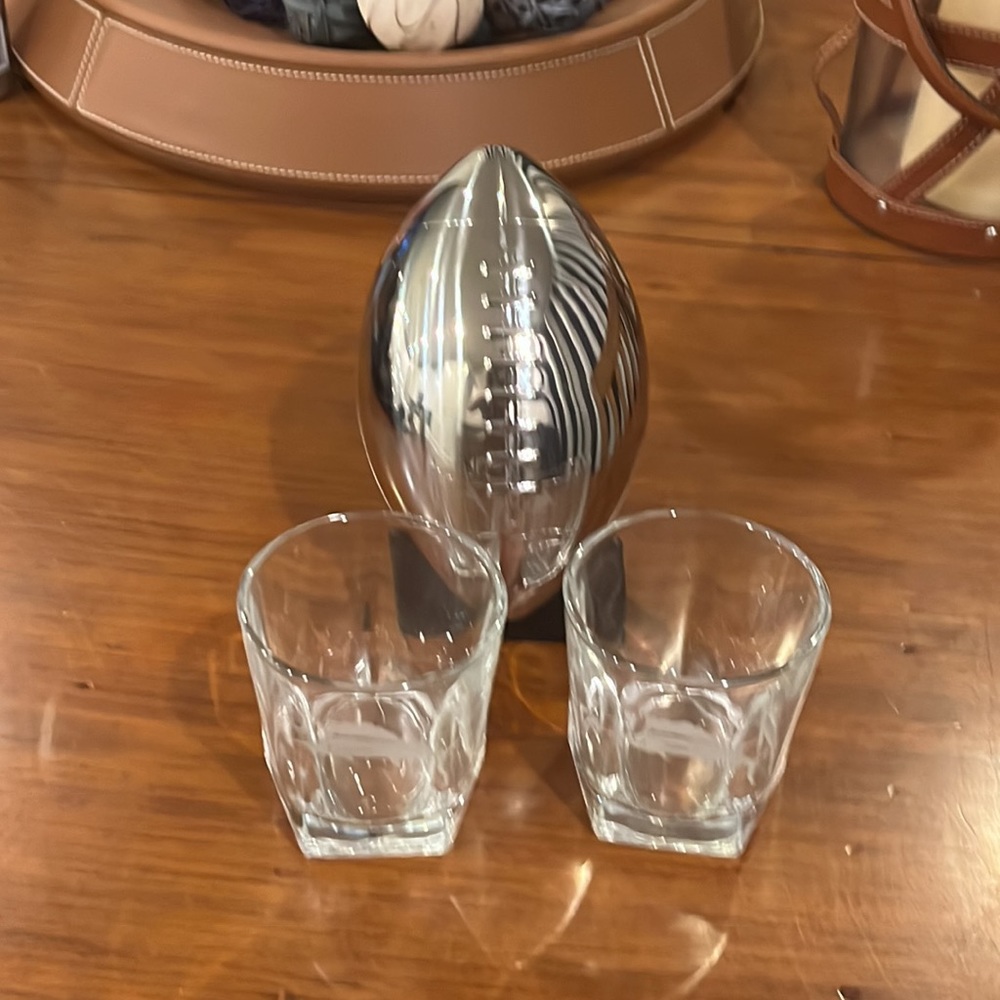 Tommy Bahama Gameday Football Shaker and 2 Lowball Glass Set new